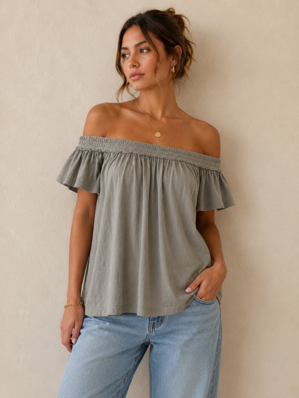 NWT Religion off-the-shoulder soft cotton blouse top smocked neckline Small